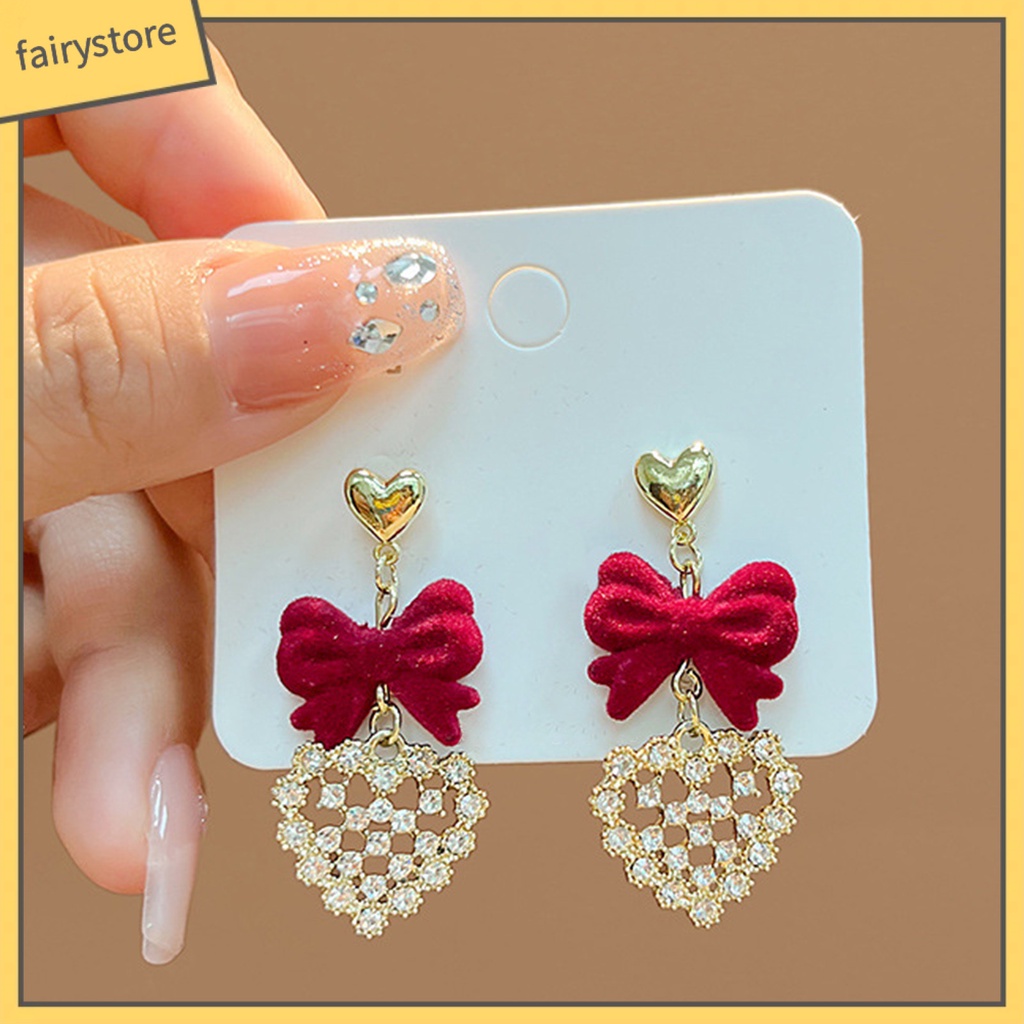 1 Đôi Bông Tai Dáng Dài Hình Nơ / Hoa / Trái Tim Màu Đỏ Chống Rơi Thời Trang Cho Nữ