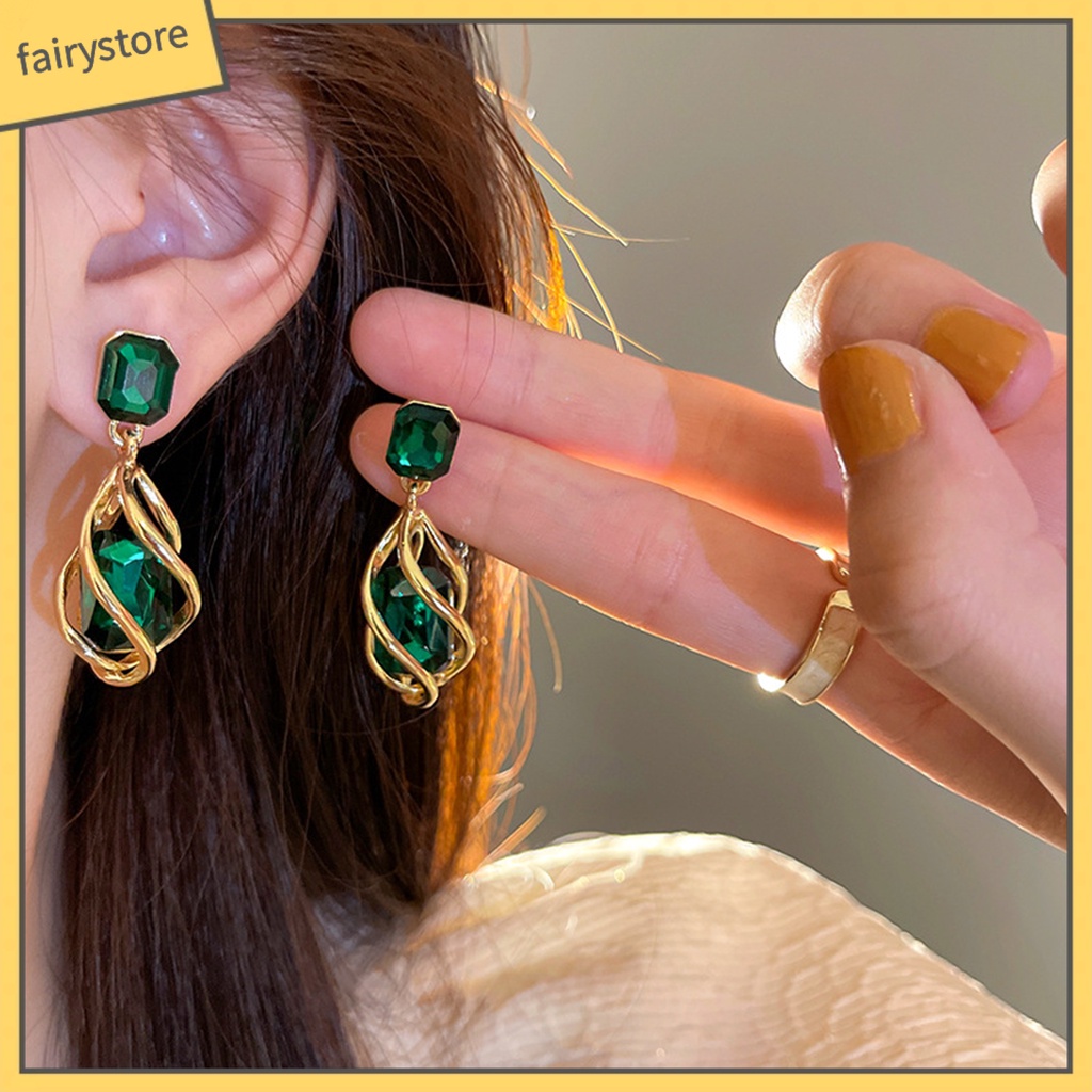 1 Đôi Bông Tai Hình Vuông Đính Đá Ngọc Lục Bảo Nhân Tạo Phong Cách Vintage Thời Trang