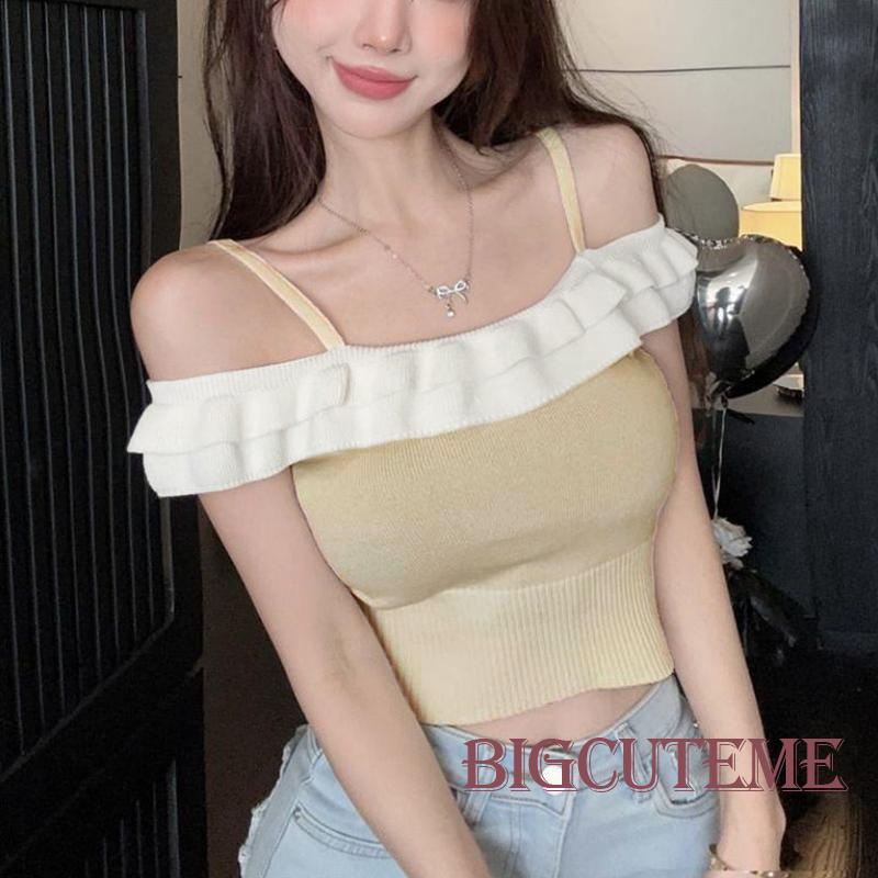 Áo Dệt Kim Sát Nách Hở Vai Phối Bèo Thời Trang Mùa Hè Cho Nữ