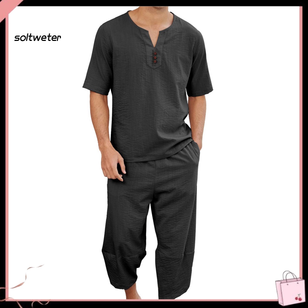 Set Đồ Mùa Hè 2 Món Gồm Áo Thun Cổ Chữ V Lưng Thun + Quần Dài Màu Trơn Cho Nam