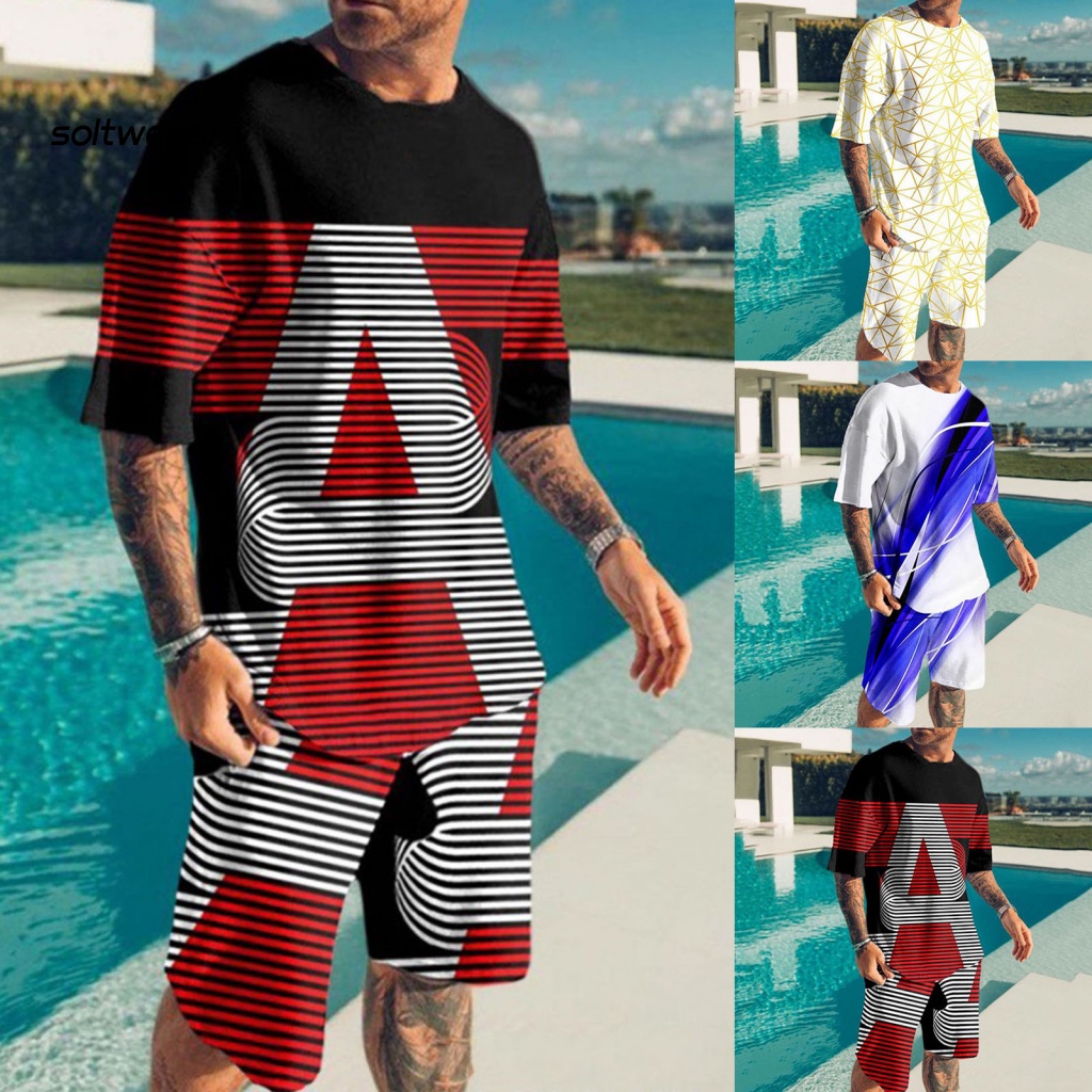 Bộ Trang Phục Thể Thao 2 Mảnh Gồm Áo Thun Tay Ngắn Cổ Tròn + Quần Short Lưng Thun In Họa Tiết 3D Thời Trang Cho Nam