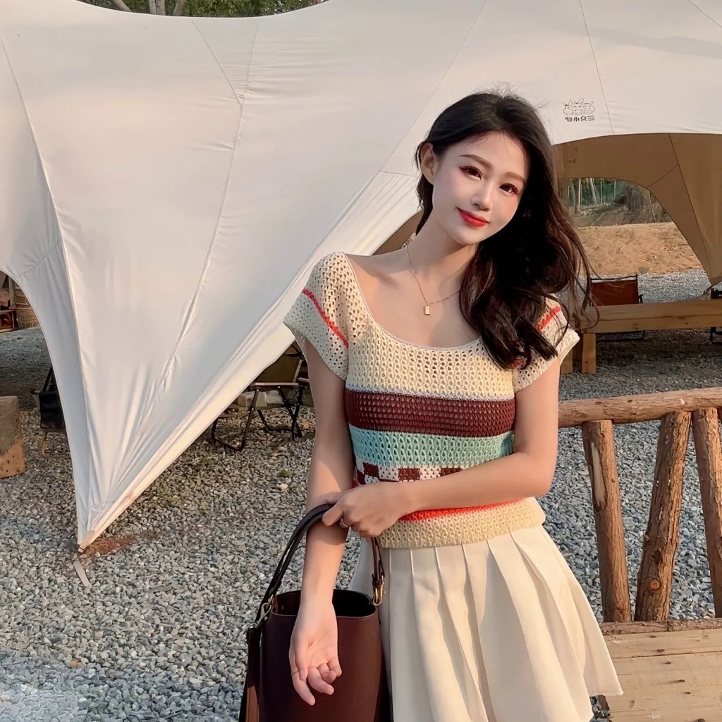 Áo Sweater Dệt Kim Cổ Vuông Tay Ngắn Phong Cách Hàn Quốc Thời Trang Mùa Hè Mới Cho Nữ