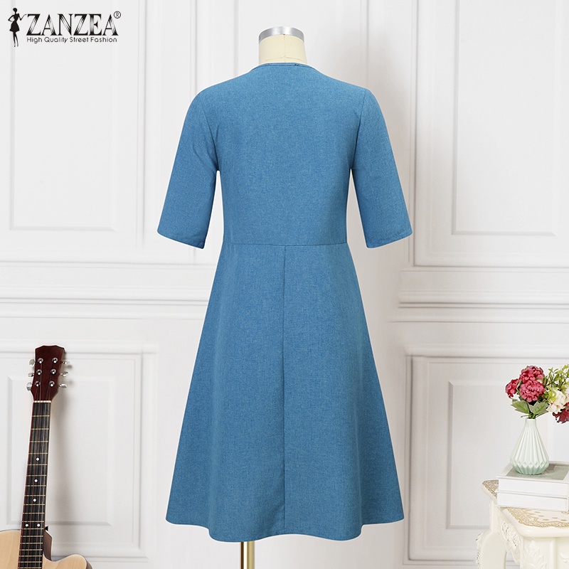 Zanzea Đầm Midi Tay Lửng Cổ Chữ V Phong Cách Vintage Nữ Tính