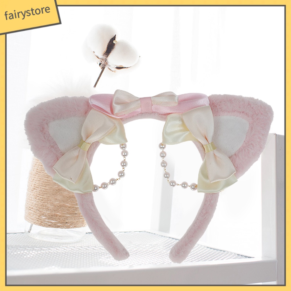 Băng Đô Nơ Tai Mèo Bông Đính Ngọc Trai Nhân Tạo Hóa Trang Lolita