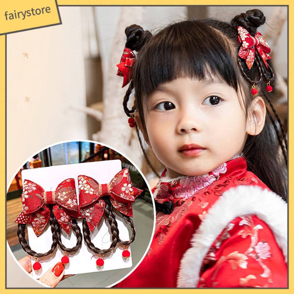 1 Cặp Kẹp Tóc Giả Đính Nơ Tua Rua Phong Cách Trung Hoa Ngọt Ngào Cho Bé Gái