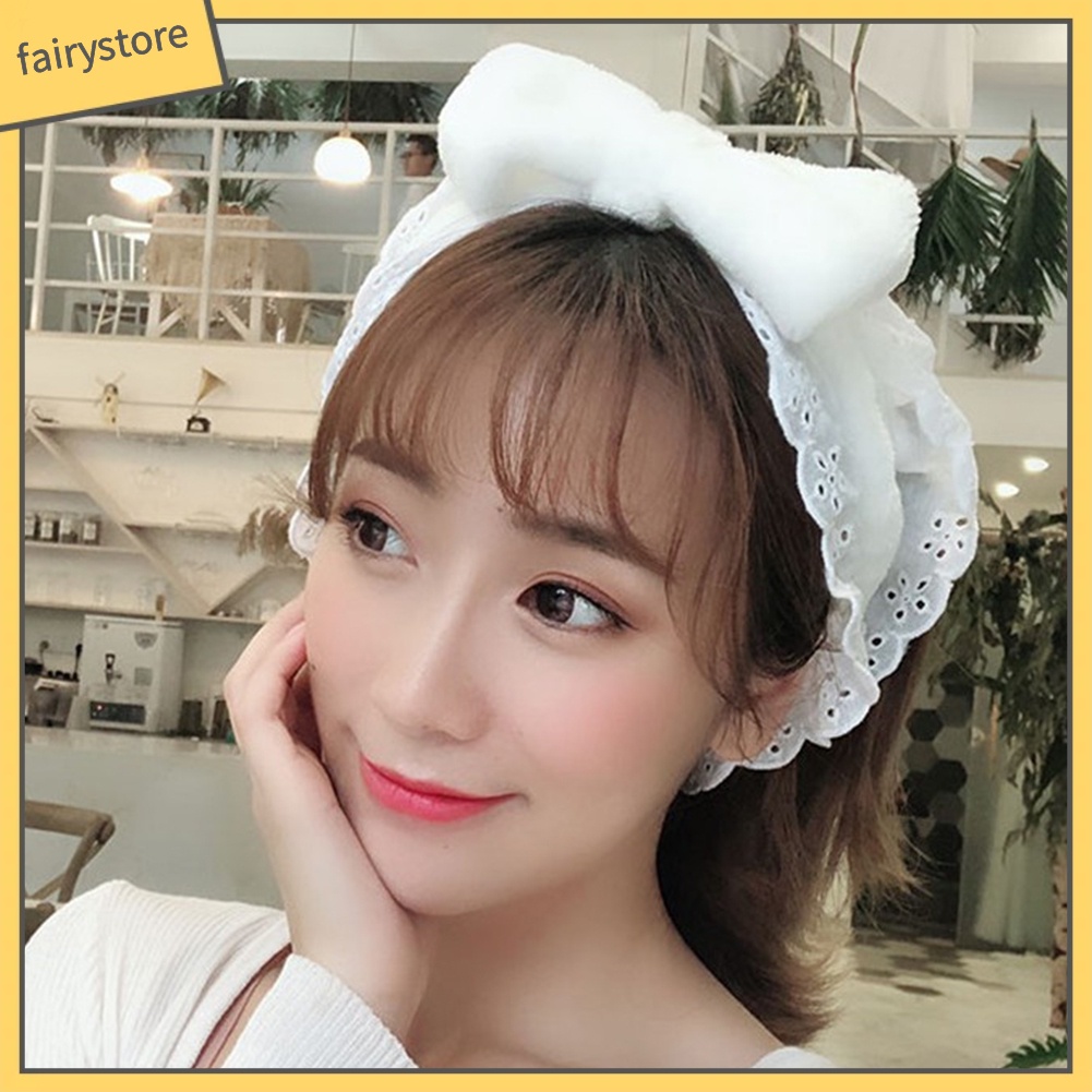 Băng Đô Rửa Mặt Trang Điểm Bằng Lông Cừu San Hô Co Giãn Cột Nơ Phối Ren Cho Nữ