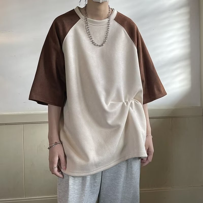 Áo Thun Da Lộn Tay Ngắn Dáng Rộng Màu Sắc Tương Phản Thời Trang Mùa Hè Cho Cặp Đôi