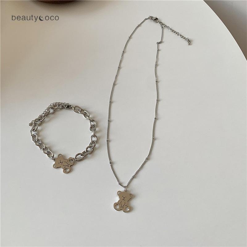 Beautycoco🍊Vòng Tay Thép Titan Màu Bạc Hình Gấu Dễ Thương Thời Trang Cho Nữ