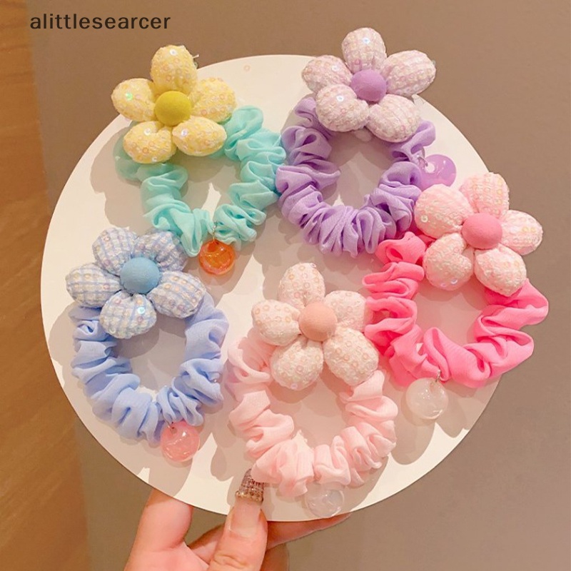 1 Dây Cột Tóc Đính Hoa / Bóng Lông Ngựa Co Giãn Dễ Thương Phong Cách Hàn Quốc Cho Bé Gái