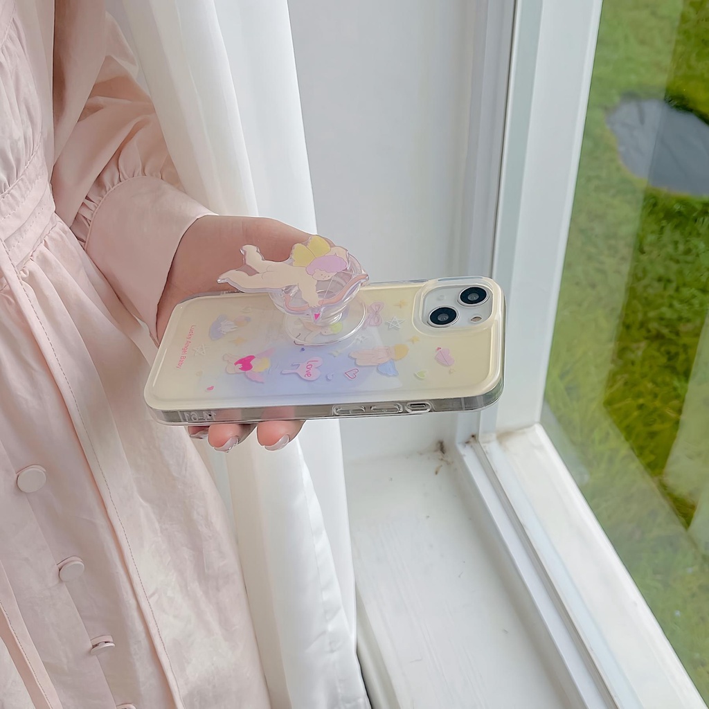 Ốp Điện Thoại Imd Trong Suốt Viền Thẳng In Hoạt Hình Thiên Thần Kèm Giá Đỡ Cho iPhone 14 13 12 11 PRO MAX