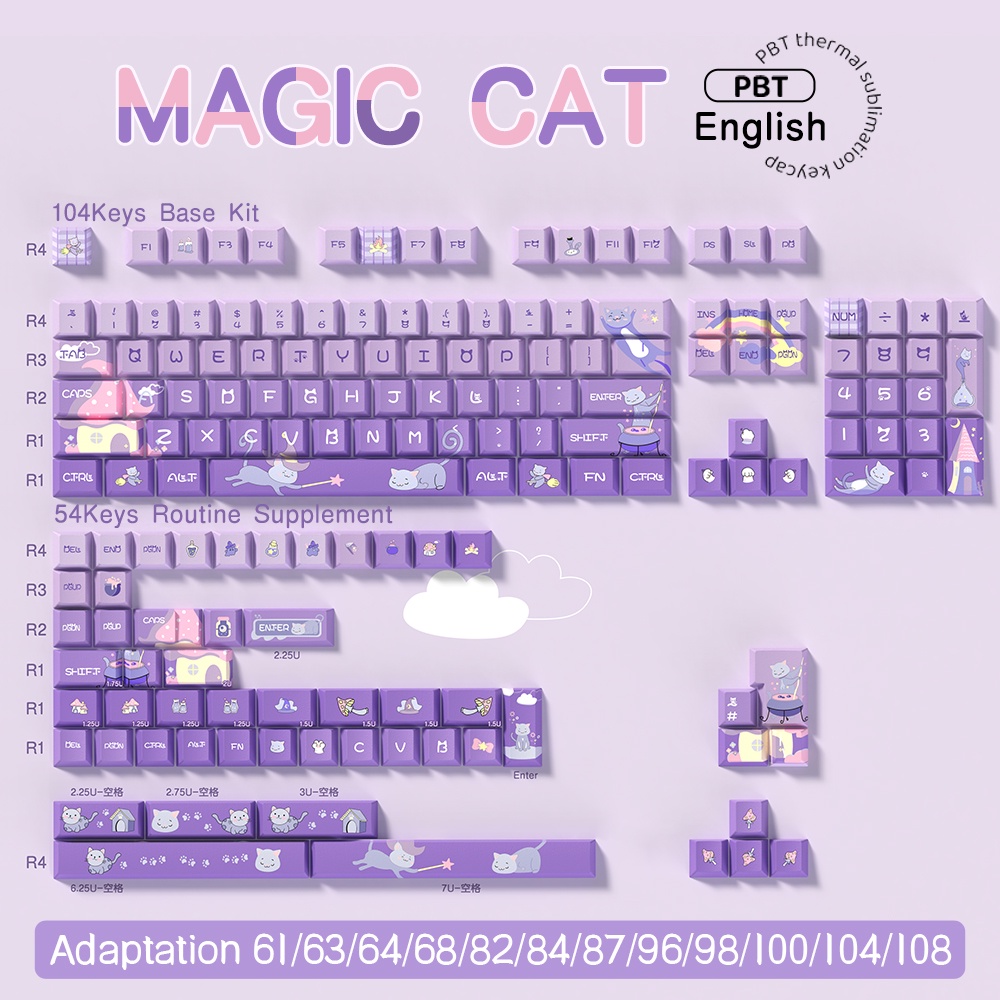 Magic Cat Keycaps Nắp Phím Cơ 7U Và ISO Họa Tiết Mèo Ma Thuật Màu Tím Dễ Thương