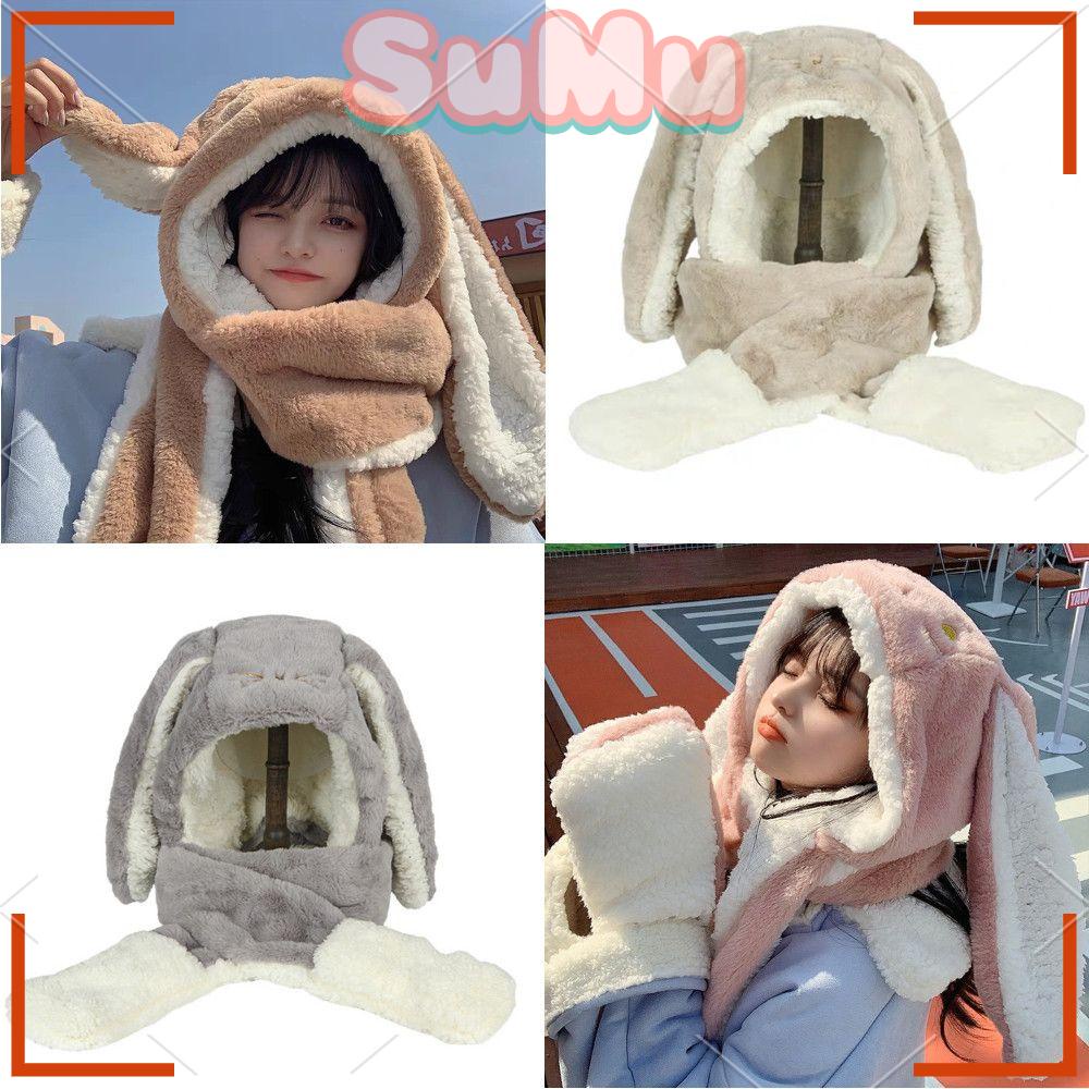 Mũ Trùm Đầu Kiêm Khăn Choàng Cổ Gắn Tai Thỏ Hoạt Hình Chống Gió Thời Trang