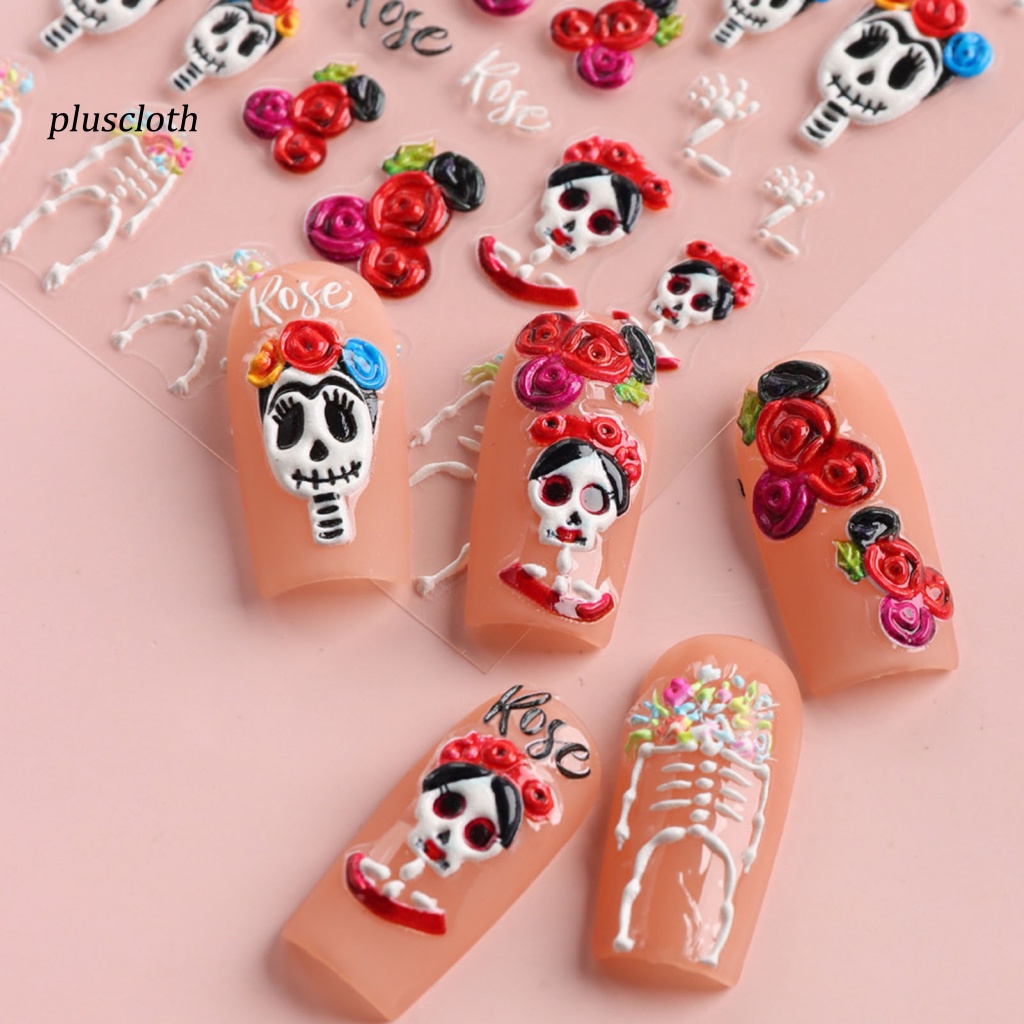 &lt; Plusclothing &gt; Nhãn Dán Móng Tay Dạng Trượt In Họa Tiết Kinh Dị Chống Nước Không Phai Màu Tự Dính Bằng Nhựa Resin Máu Đầu Lâu