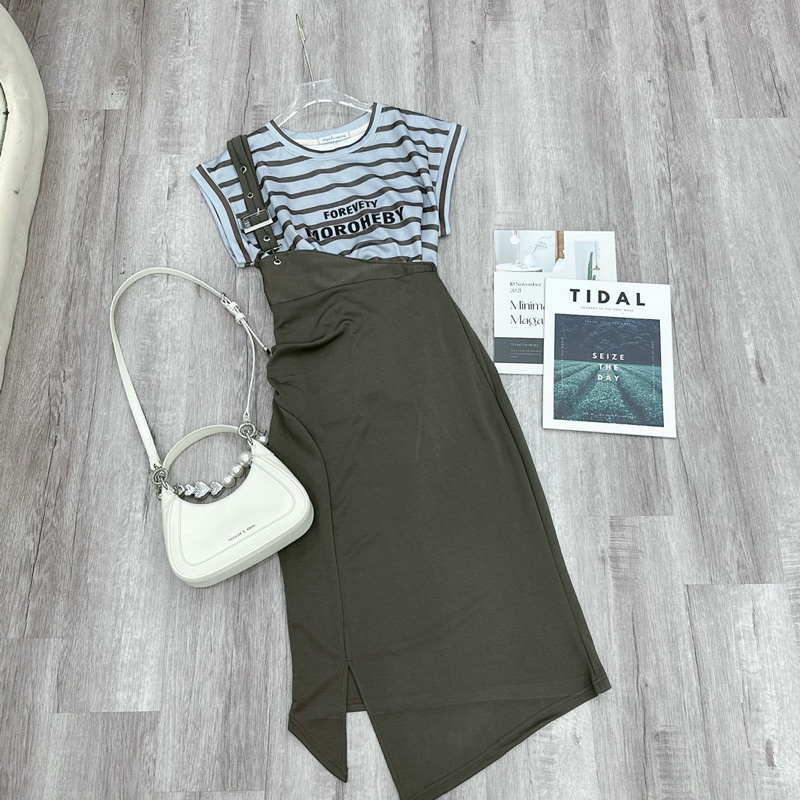 SET ÁO KẺ CHỮ CHÂN VÁY XANH RÊU DÂY ĐAI lương su shop