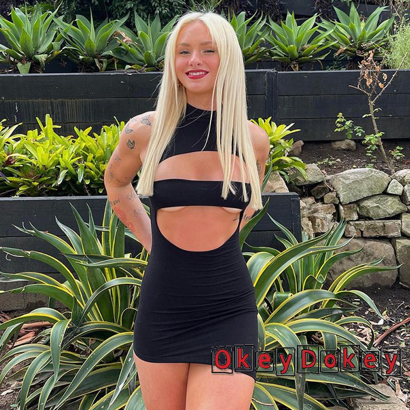 Đầm Ôm Dáng Không Tay Hở Lưng Khoét Rỗng Màu Đen Cho Nữ