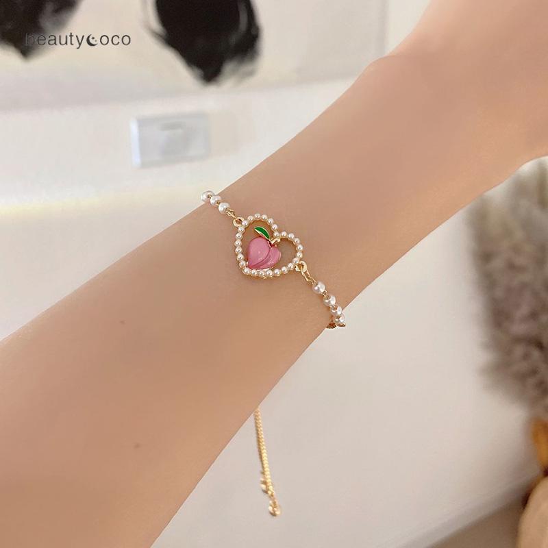 Beautycoco🍊Vòng đeo tay Ngọc Trai Hình Trái Tim Phong Cách Mới 2023,Vòng Tay Hình quả đào Đính Ngọc Trai