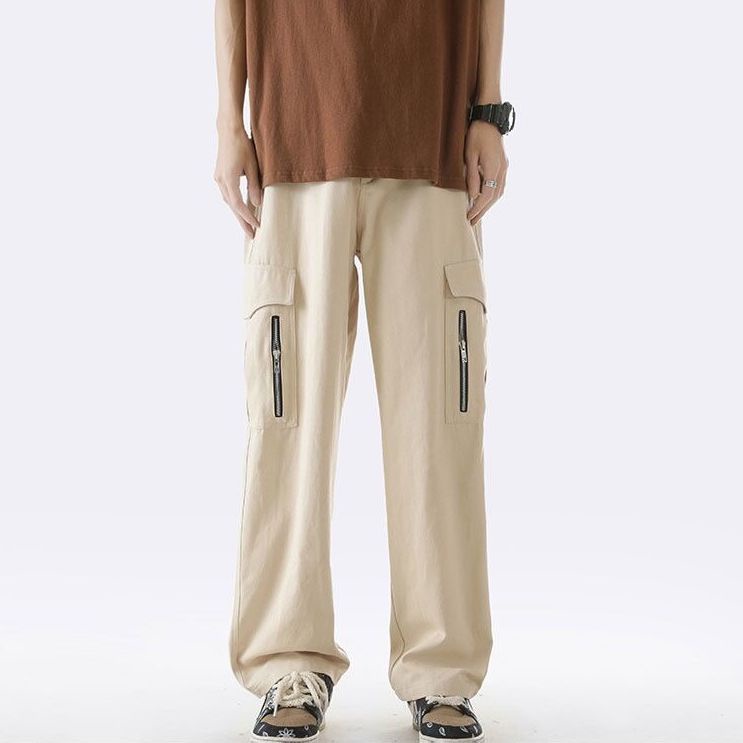 Quần Dài Ống Rộng Phối Khóa Kéo Thời Trang Đường Phố Nhật Bản Cho Nam