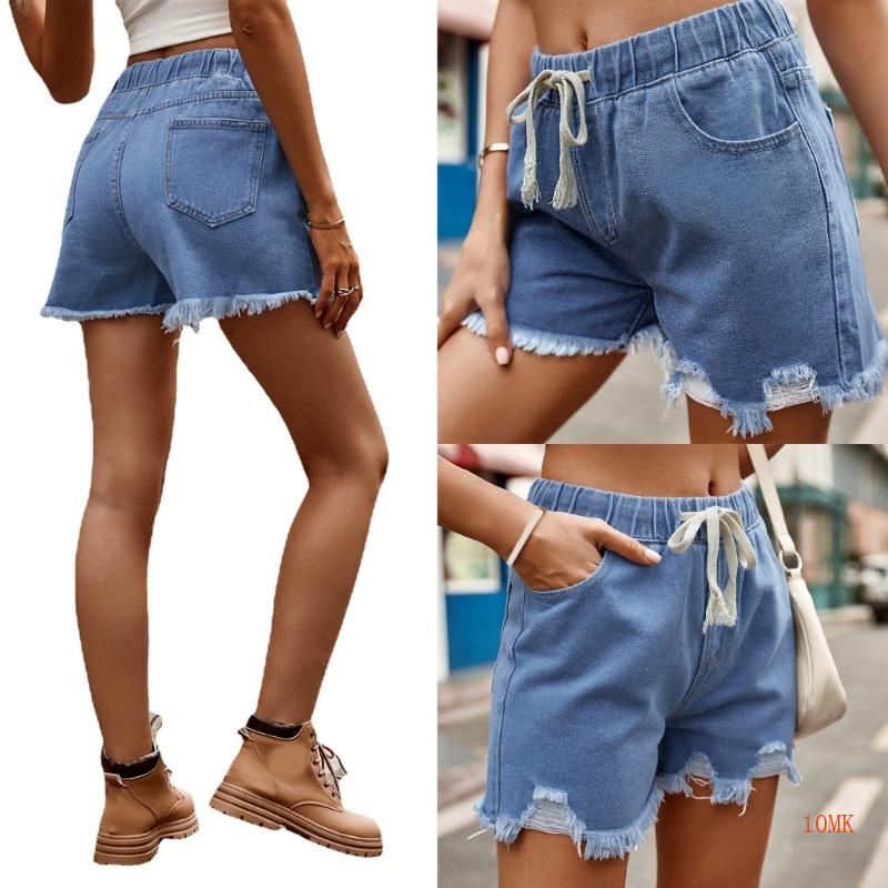 Xiangbao Quần Short Denim Lưng Vừa Phối Dây Rút Co Giãn Thời Trang Đường Phố Cho Nữ