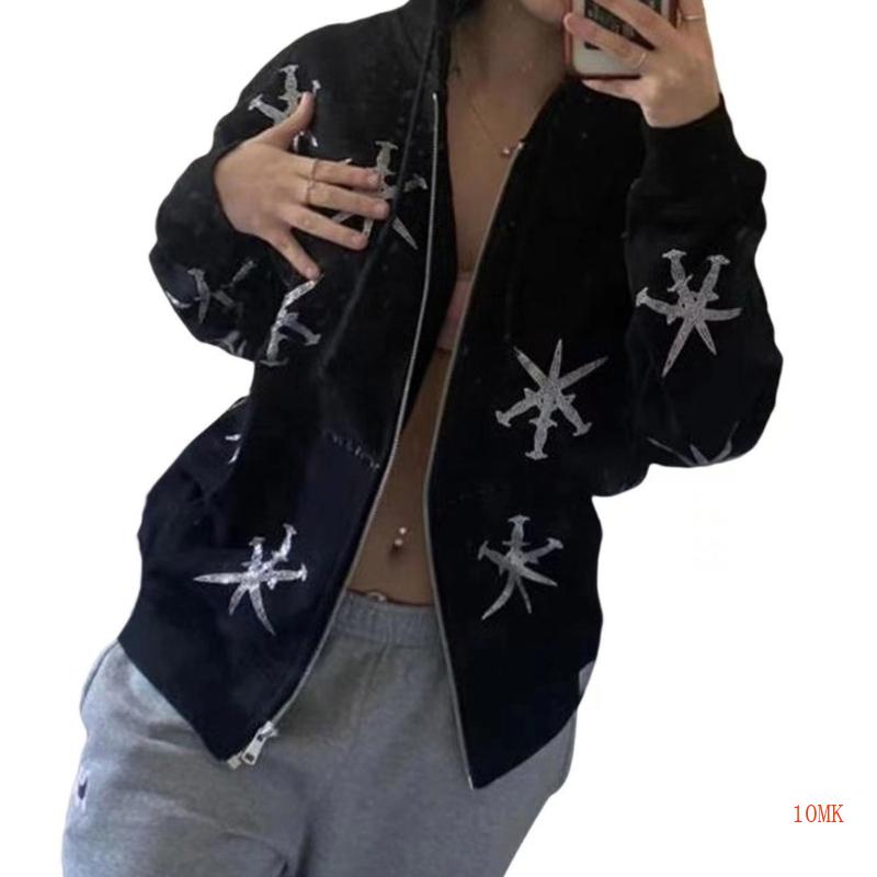 Xiangbao Áo Khoác Hoodie Nỉ Dáng Rộng Cỡ Lớn Có Khóa Kéo Hình Bông Tuyết Đính Đá Phong