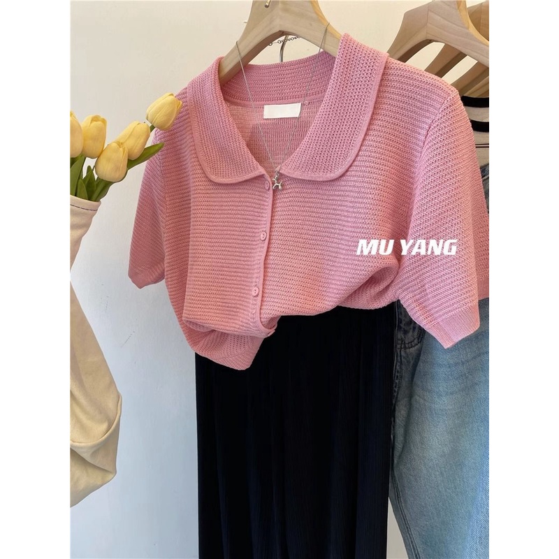Áo Thun Polo Dệt Kim Mỏng Dáng Rộng Ngắn Tay Phong Cách Hàn Quốc CU2