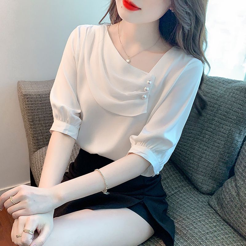 Áo Sơ Mi Chiffon Tay Ngắn Màu Trắng Đính Hạt Cao Cấp Thời Trang Dành Cho Nữ