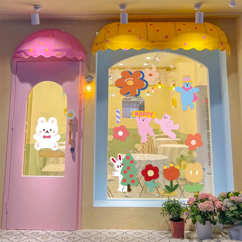 Miếng Dán Trang Trí Cửa Kính Họa Tiết Hoạt Hình Đáng Yêu Phong Cách Hàn Quốc