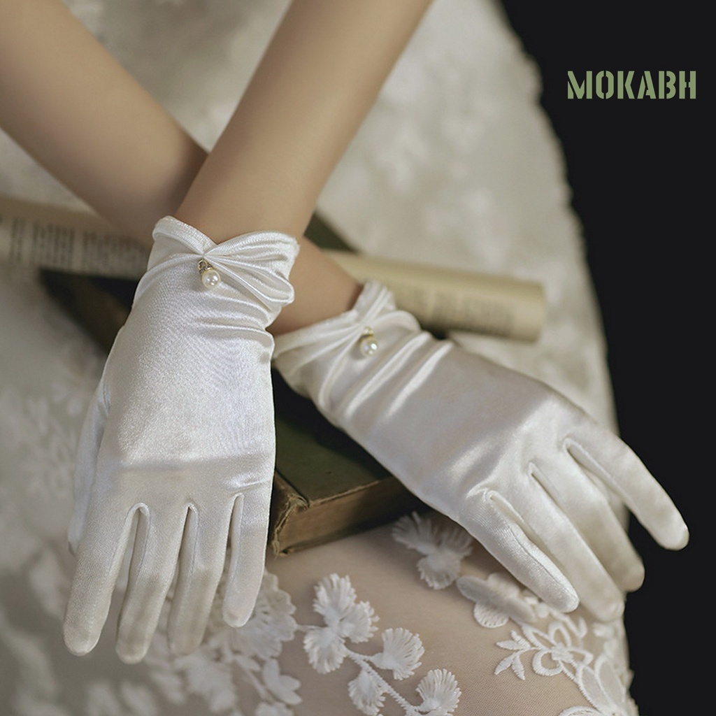 1 Cặp Găng Tay Satin Ngắn Màu Trơn Đính Ngọc Trai Giả Trang Trí Cho Cô Dâu