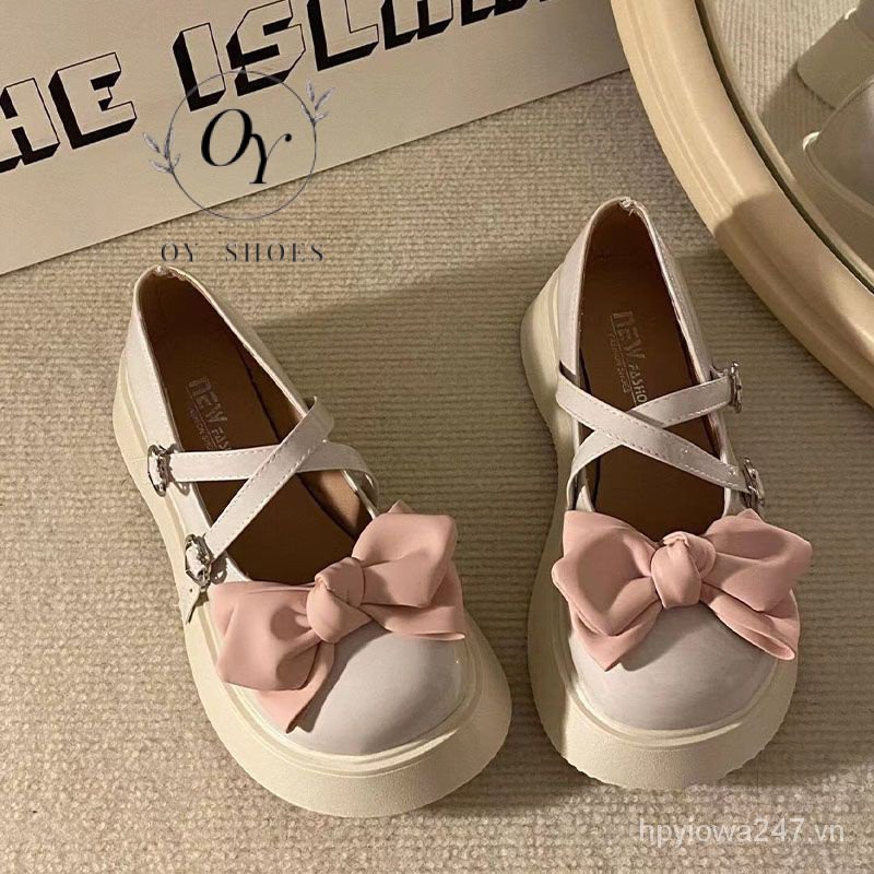 Giày Da Mũi Tròn Đế Dày Đính Nơ Phong Cách Lolita Nhật Bản