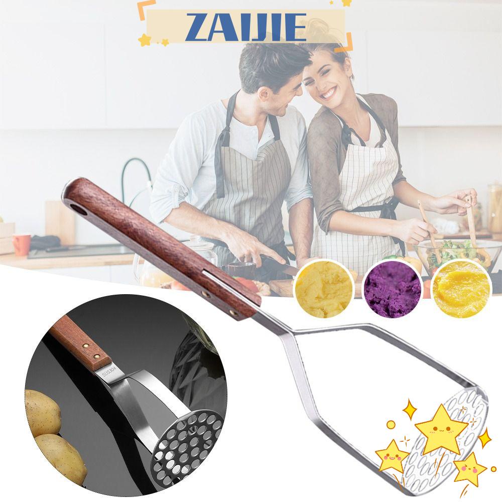 Zaijie 24 Khoai Tây Nghiền Lỗ Bằng Thép Không Gỉ Tay Cầm Gỗ Ngăn Bỏng Dễ Làm Sạch