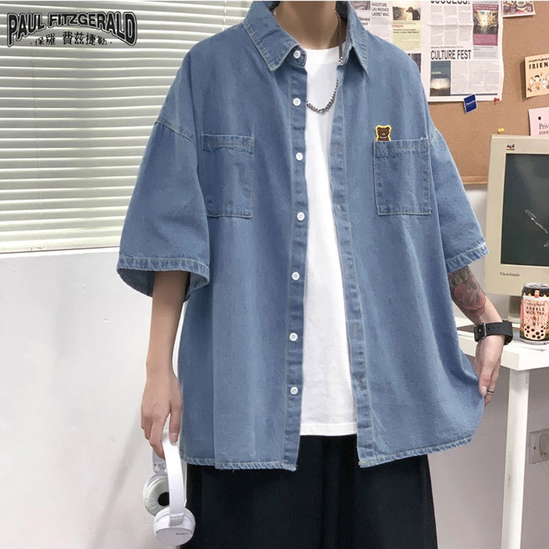 Paul FITZGERALD Áo Sơ Mi Denim Tay Ngắn Phong Cách Nhật Bản Thời Trang Cho Nam