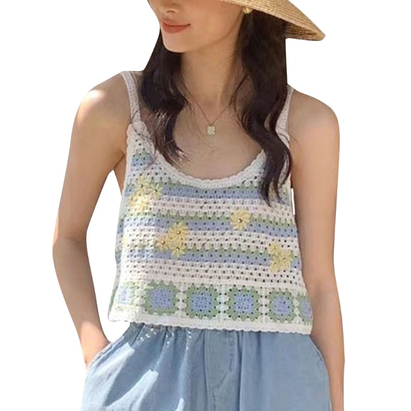 Áo Croptop Hai Dây Dệt Kim In Hoa Cổ Chữ U Gợi Cảm Cho Nữ