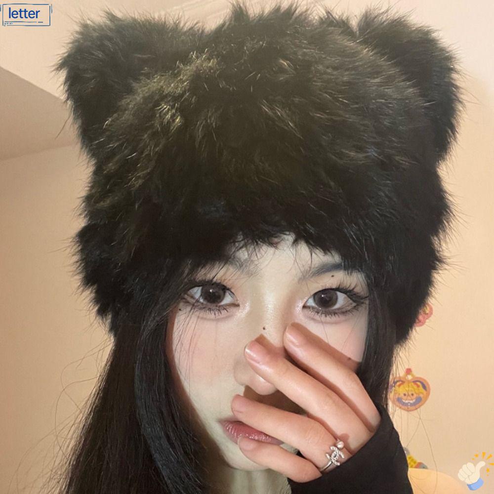 Mũ Len Trùm Đầu Màu Đen Hình Tai Gấu Cho Nữ