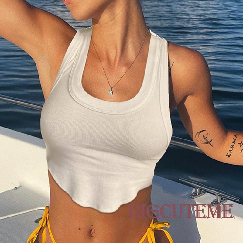 [] - Áo Tank Top Không Tay Cổ Chữ U Màu Trơn Vạt Lệch Thời Trang Mùa Hè Dành Cho Nữ