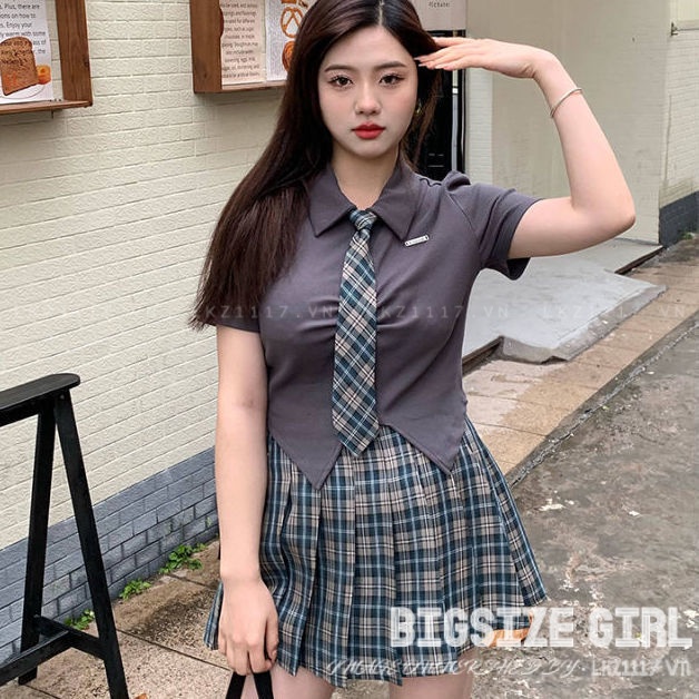 Sét bộ đồ nữ Bigsize Áo thun polo tay ngắn cổ bẻ kết hợp chân váy xếp ly tennis kẻ sọc caro lưng cao cạp cao chữ a mùa hè Phong cách Hàn Quốc Thời Trang đi Chơi sang chảnh cá tính cho người mập béo