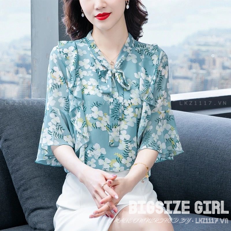 Áo kiểu trung niên nữ Bigsize Áo sơ mi voan nữ trung niên cho mẹ cổ chữ v hoa nhí mùa hè Phong cách Hàn Quốc Thời Trang tiểu thư cá tính xinh đẹp cho người mập béo
