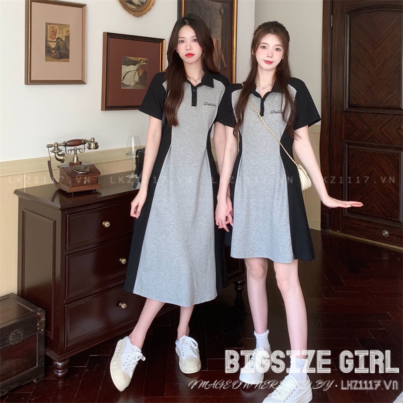 Đầm thun nữ dài Bigsize Váy polo dáng suông tay ngắn có cổ mùa hè Phong cách Hàn Quốc Thời Trang cá tính xinh đẹp cho người mập nữ