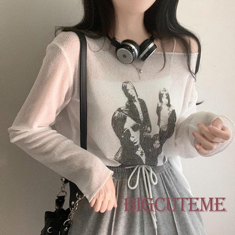 [] Áo Thun Dệt Kim Mỏng Tay Dài Dáng Rộng In Hình Chân Dung Retro Đơn Giản Trọng Lượng Nhẹ Màu Trắng Dành Cho Bạn Nữ Mặc Đi Đường Phố