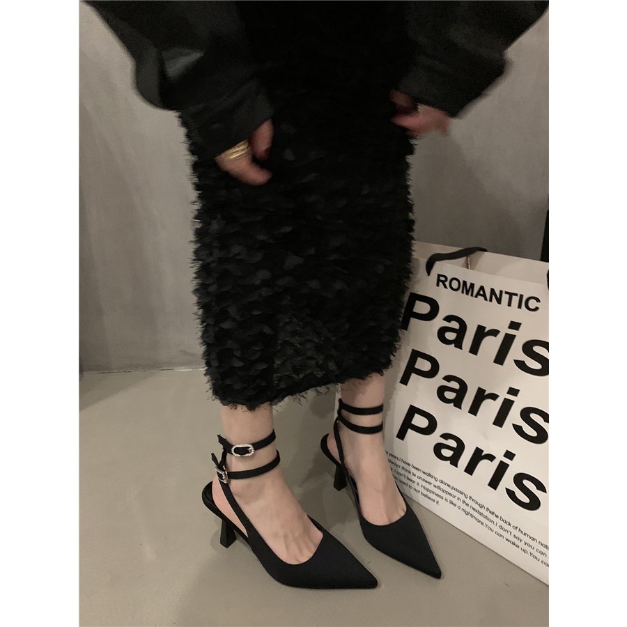 French pointed high-heeled shoes evening wind Korean style slippers with skirt black sandals 2023 Spring and Autumn British women's shoes QNGY