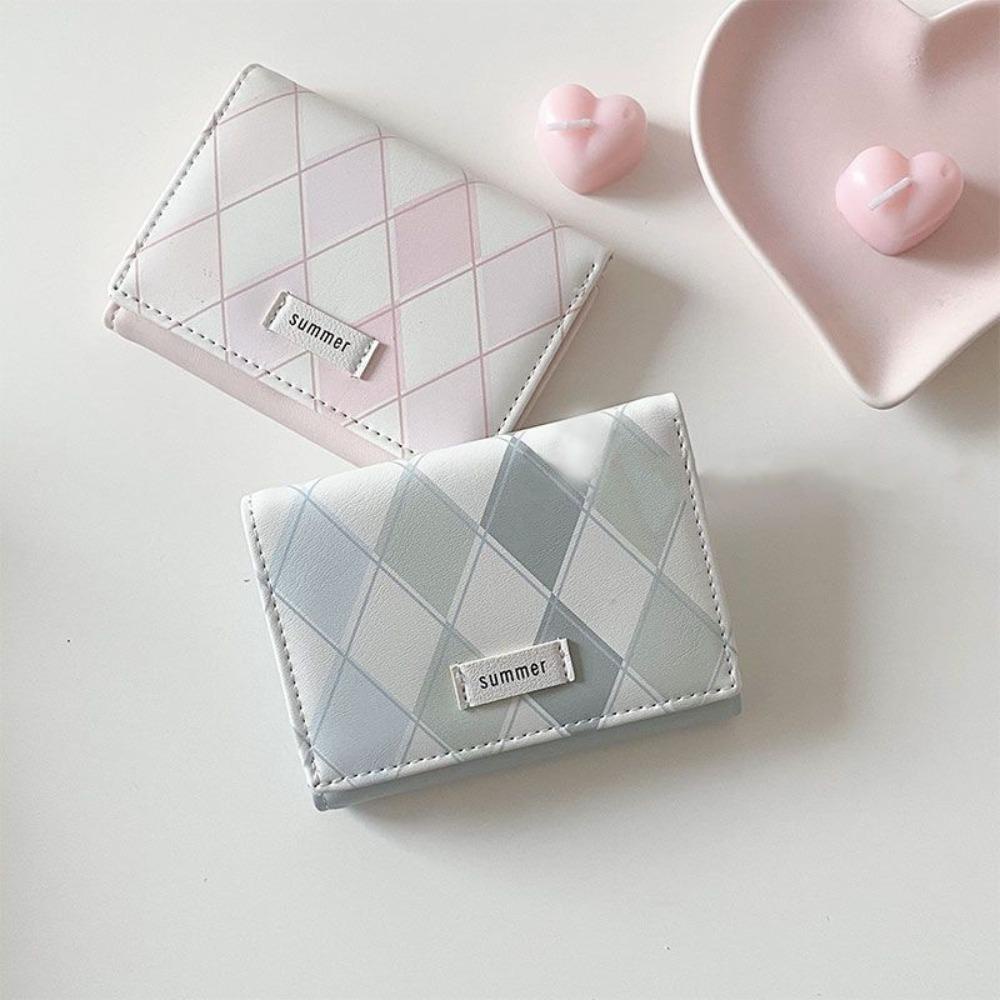 Ví đựng thẻ tín dụng mini nhỏ màu xanh lam caro đơn giản đa năng phong cách Hàn Quốc
