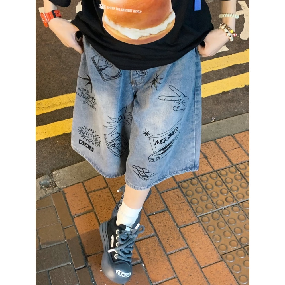 Quần Short Denim R1dge Họa Tiết Graffiti Đường Phố Mỹ Thời Trang Mùa Hè Cho Nam