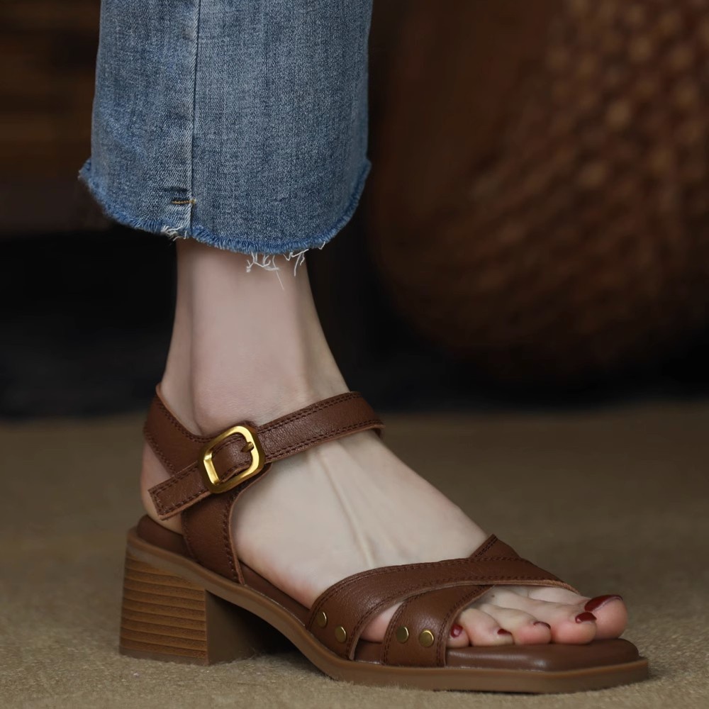 Duoya Tóc Thẳng ~ [Hàng Có Sẵn] Giày Sandal Cao Gót Hở Ngón Quai Chéo Bằng Da Mềm Hở Ngón Dành Cho Nữ Miễn Phí Vận Chuyển