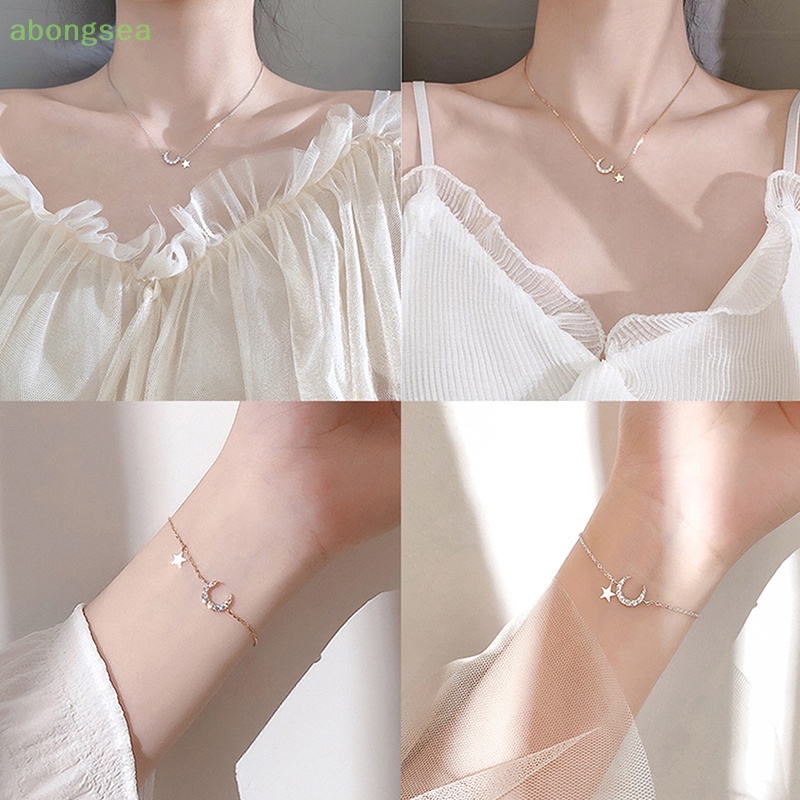 Abongsea Vòng cổ Mặt Trăng Và Ngôi Sao Đính Đá Zircon Sáng Tạo Thời Trang Cho Nữ
