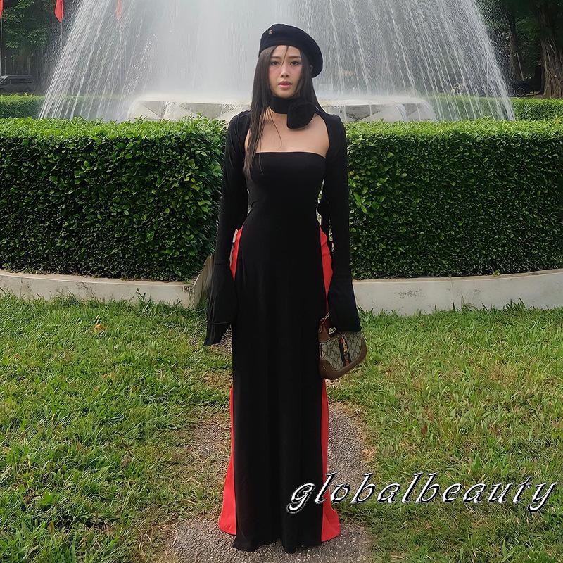 Gb-đầm Dài Mùa Hè Không Dây Xẻ Tà Bên Hông Với Vòng Cổ Bolero Shrug &amp; Hoa Hồng Cho Nữ