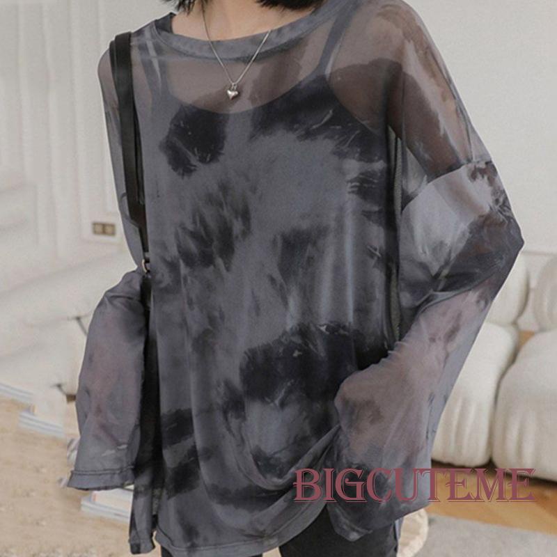 Áo Thun Lưới Tay Dài Nhuộm Màu Cổ Thuyền Trong Suốt Phong Cách Đường Phố Mùa Hè Cho Nữ