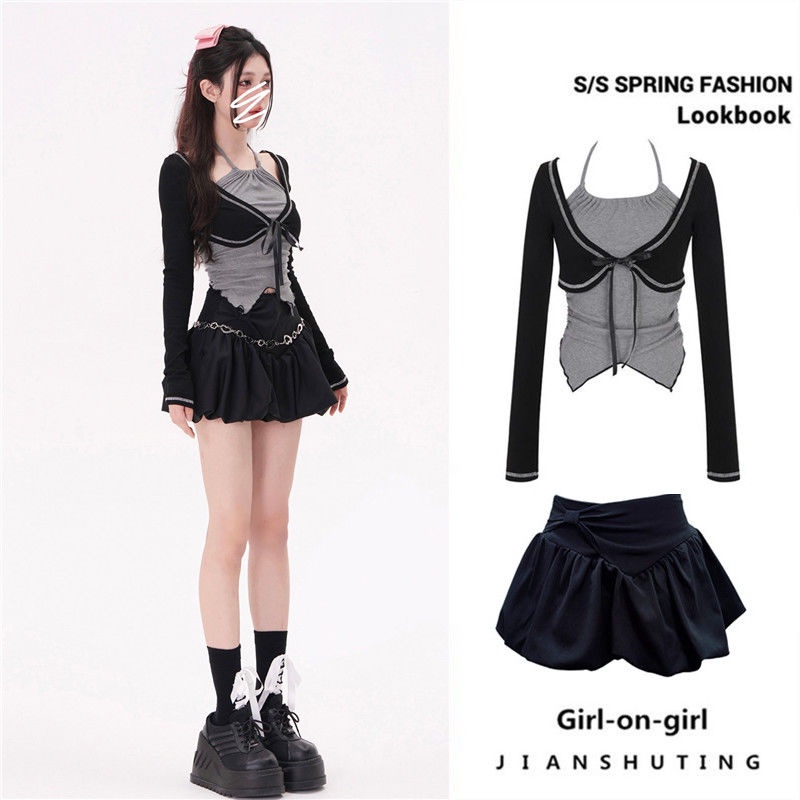 Set Áo Thun Tay Dài Dáng Ngắn Phối Chân Váy Ngắn Thời Trang Mùa Hè Xinh Xắn Cho Nữ