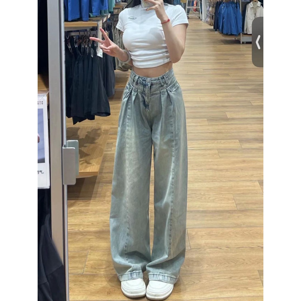 Quần Jean Ống Rộng Lưng Cao Phong Cách Retro Mỹ Thời Trang Mùa Xuân Mới Cho Nữ