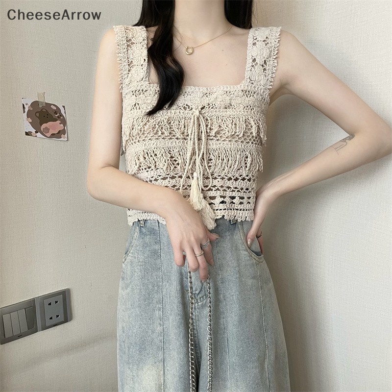 [CHAW] Áo Crop Top Dệt Kim Không Tay Cổ Vuông Khoét Rỗng Phối Tua Rua Gợi Cảm Mùa Hè Cho Nữ