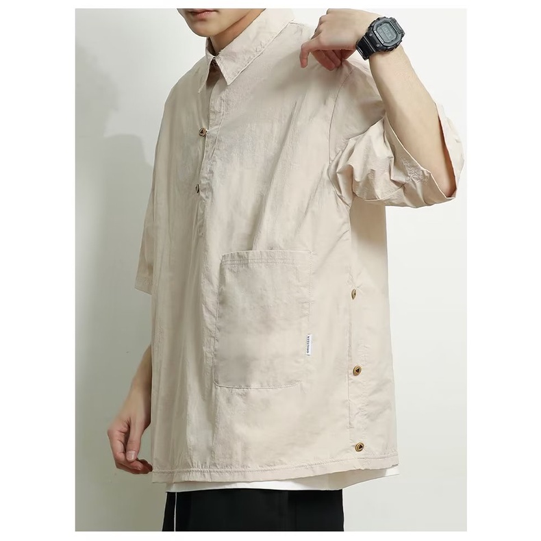 Áo Sơ Mi Xanh Navy Ngắn Tay Dáng Rộng Phong Cách Retro Mùa Hè Cho Nam Nữ