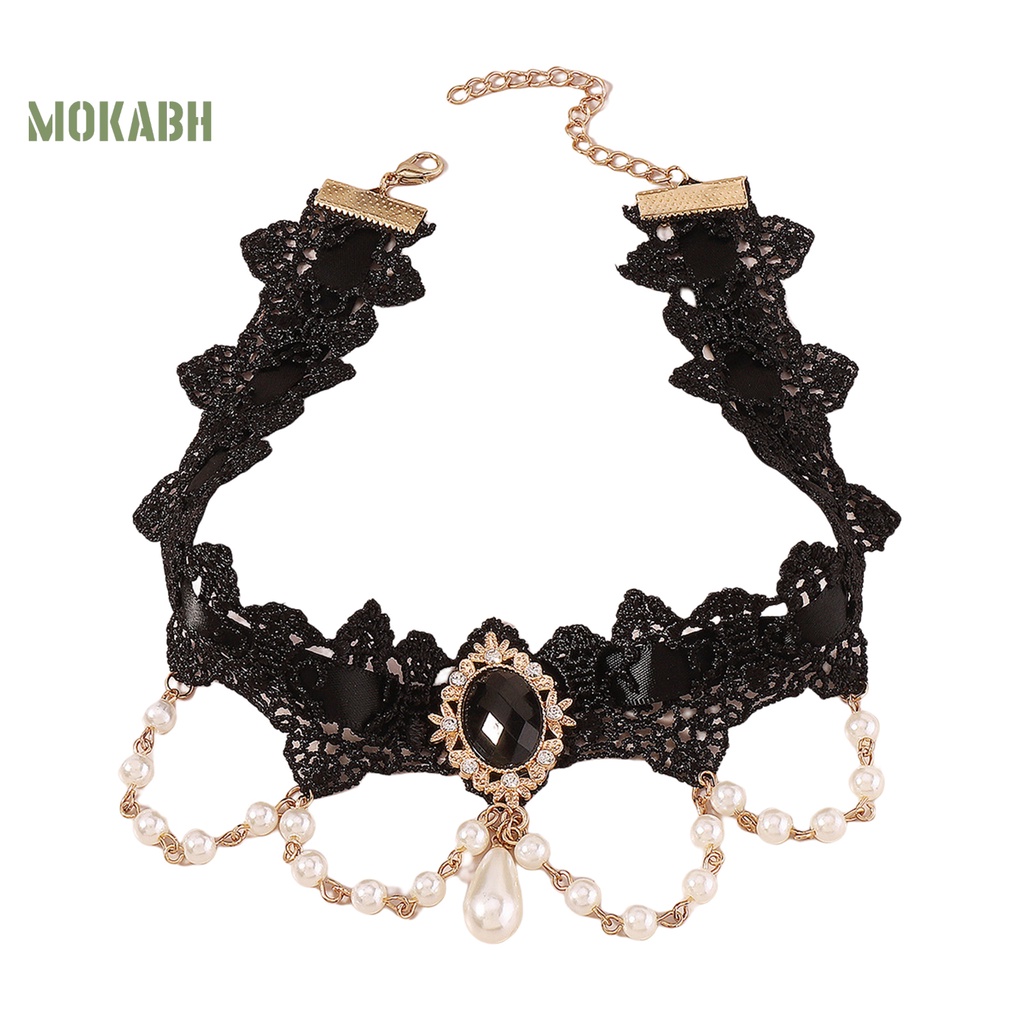 [Mok Abh] Vòng Cổ Choker Ren Hoa Đính Đá Giả Phong Cách Gothic Cổ Điển Cho Nữ