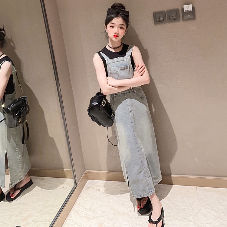 Set Áo Váy Yếm Denim Thời Trang Mùa Hè Mới Cho Bé Gái